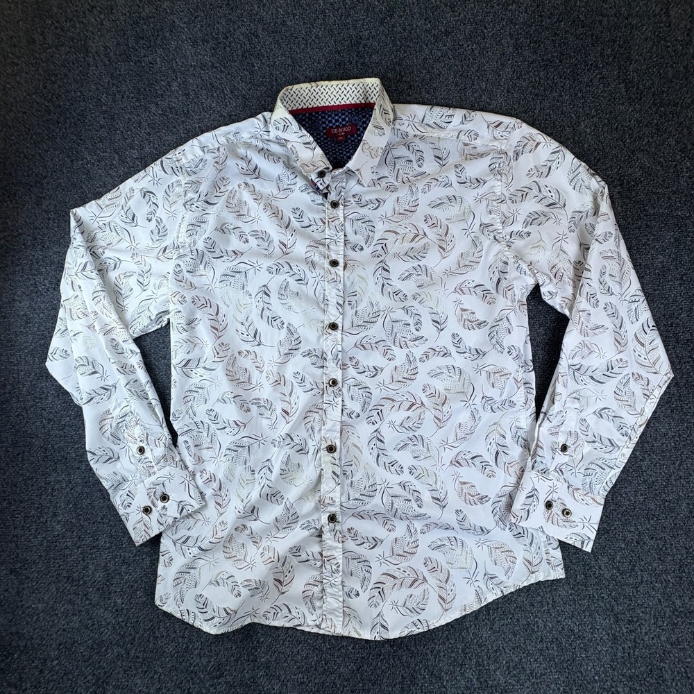 DE-NIKO Shirt Mens XL White Brown Feather Print Bamboo Stretch Casual Button Up